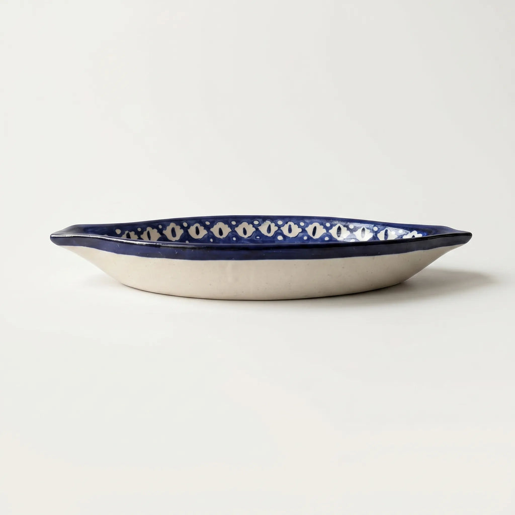 Blue Pottery Serving Dish – 16” Ceramic Rice Platter (Blue Floral Design)