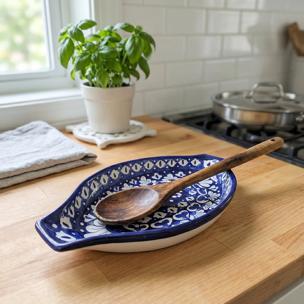 Blue Pottery Serving Dish – 16” Ceramic Rice Platter (Blue Floral Design)