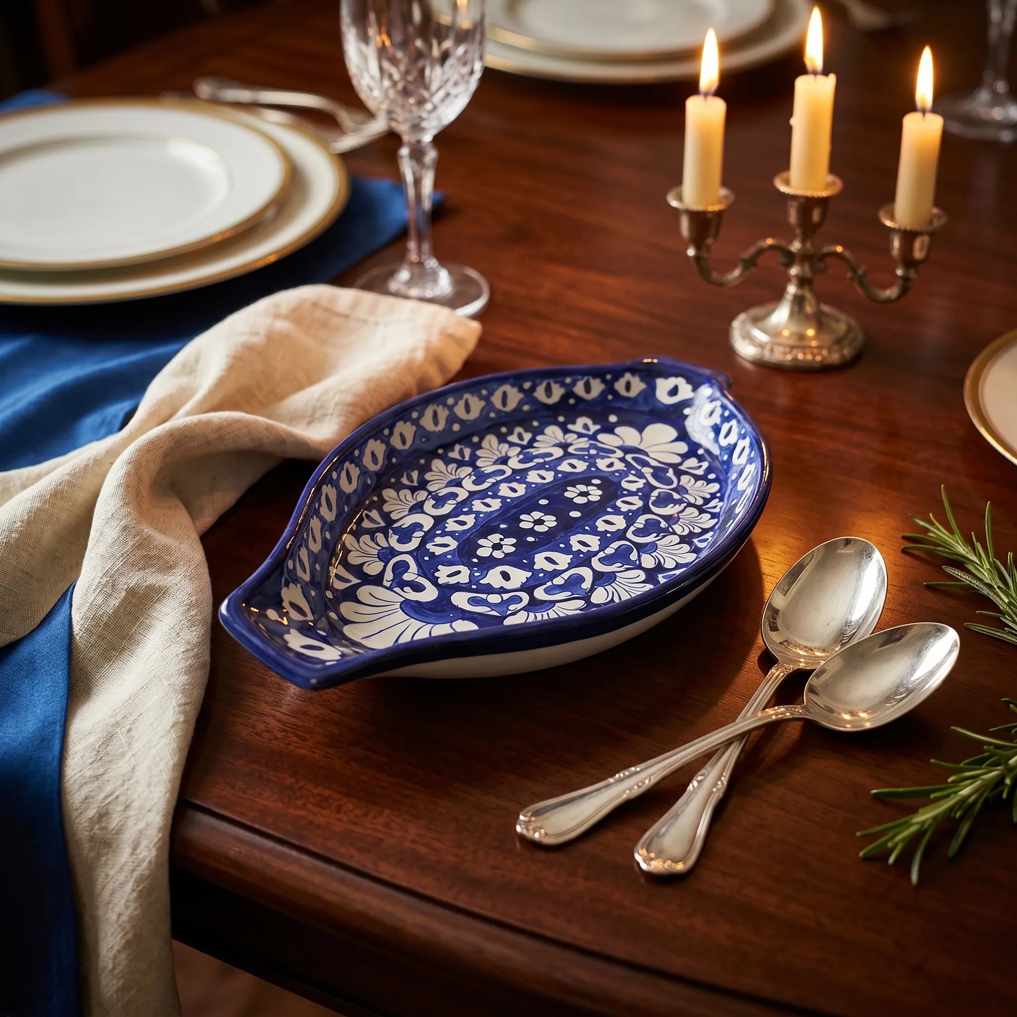 Blue Pottery Serving Dish – 16” Ceramic Rice Platter (Blue Floral Design)