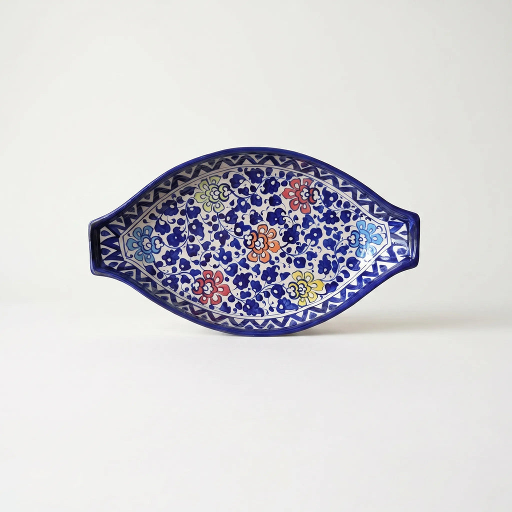 Blue Pottery Serving Dish – 16” Ceramic Rice Platter (Multicolor Floral Design)