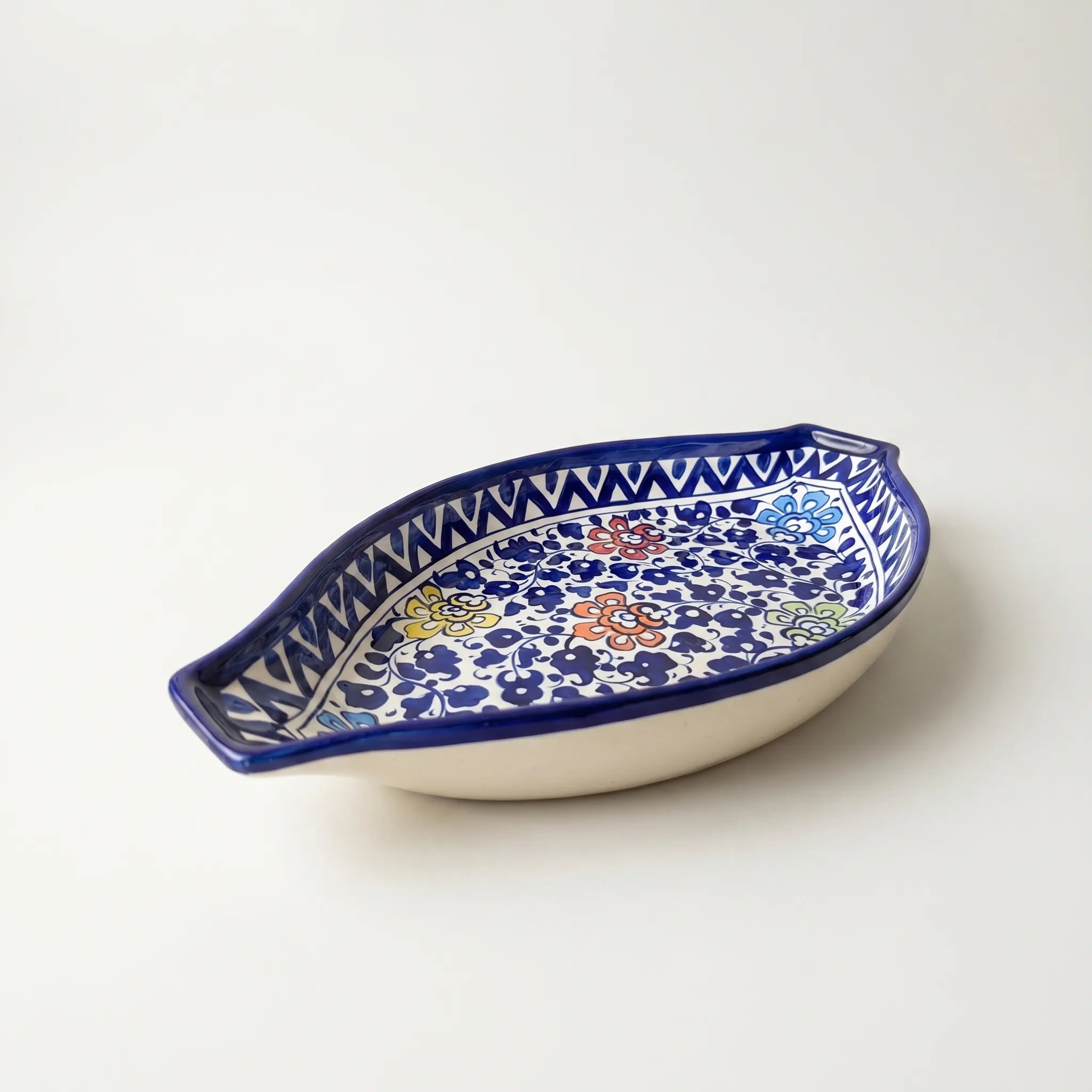 Blue Pottery Serving Dish – 16” Ceramic Rice Platter (Multicolor Floral Design)