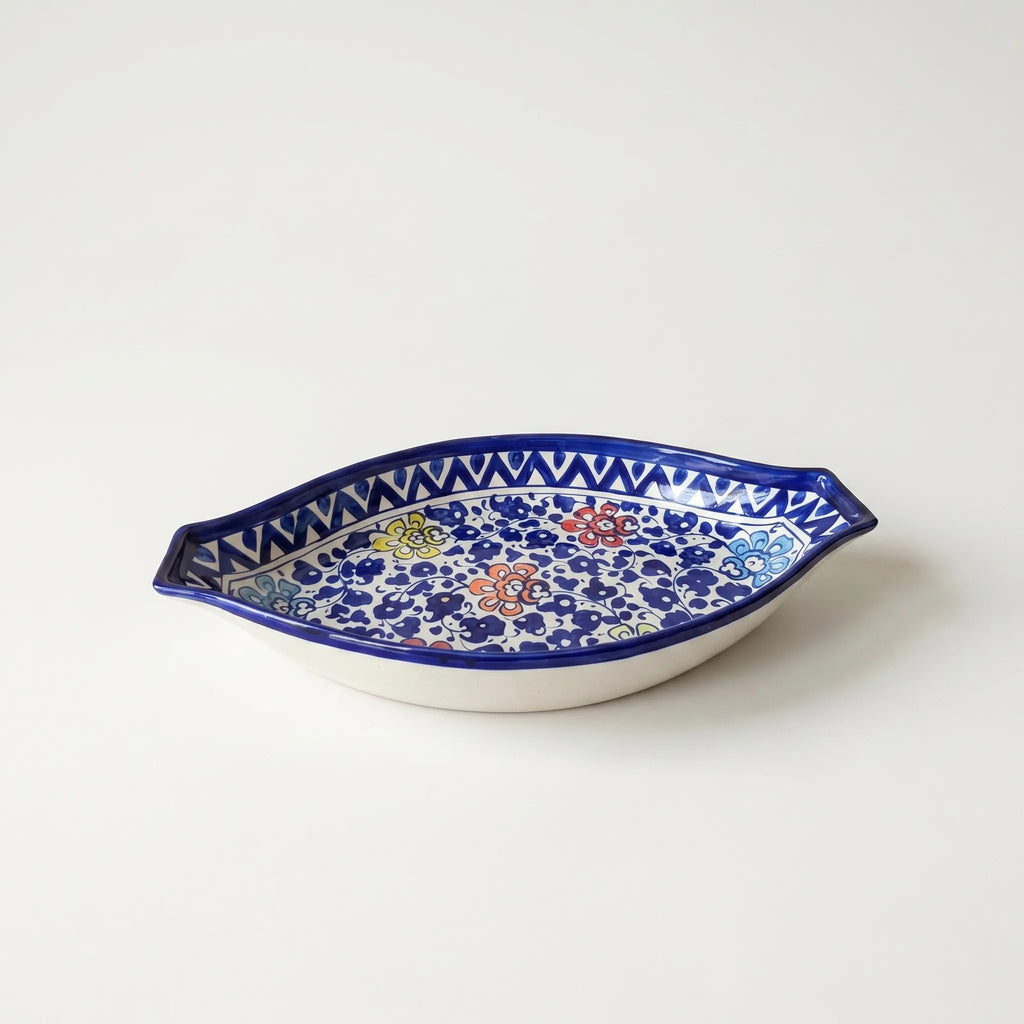 Blue Pottery Serving Dish – 16” Ceramic Rice Platter (Multicolor Floral Design)