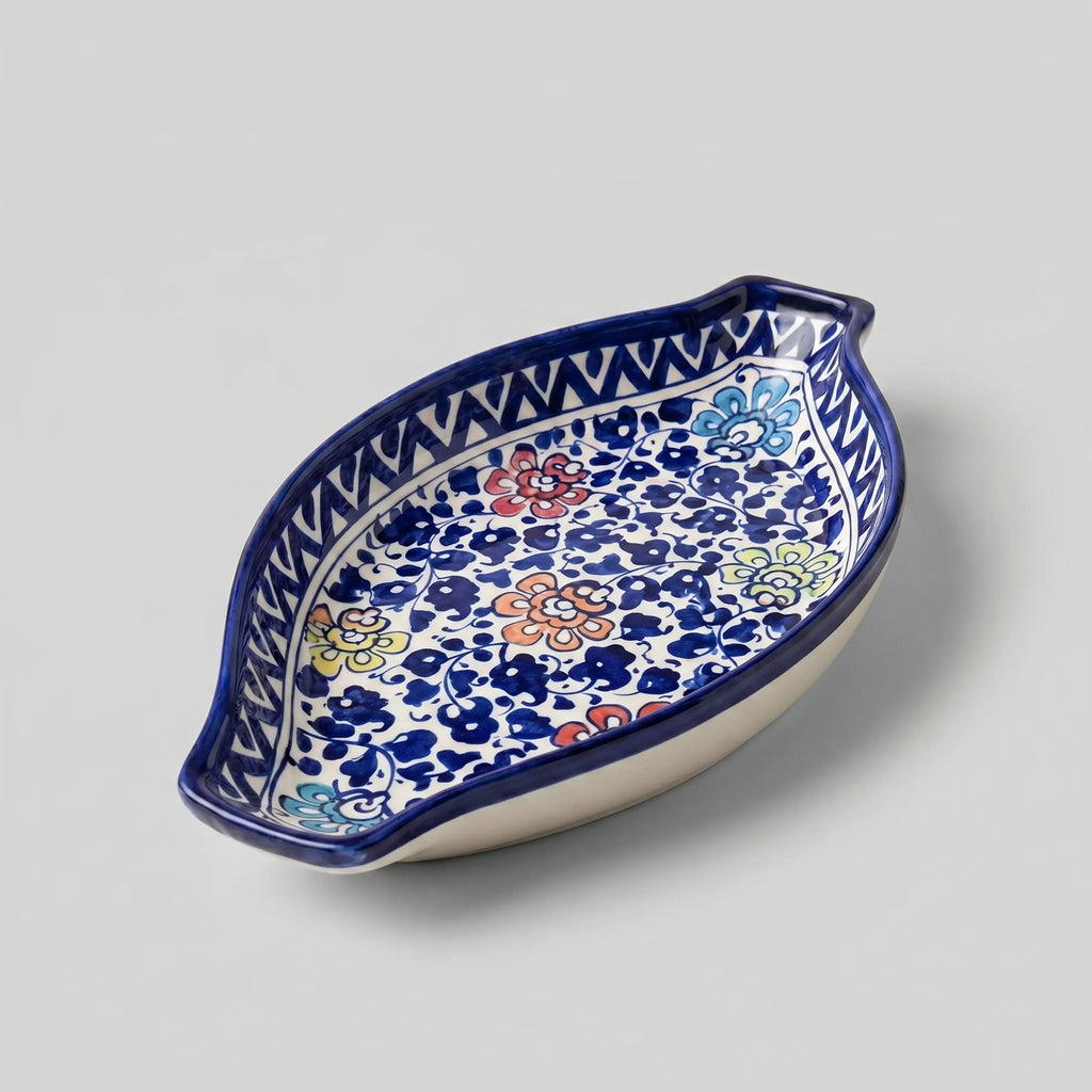 Blue Pottery Serving Dish – 16” Ceramic Rice Platter (Multicolor Floral Design)
