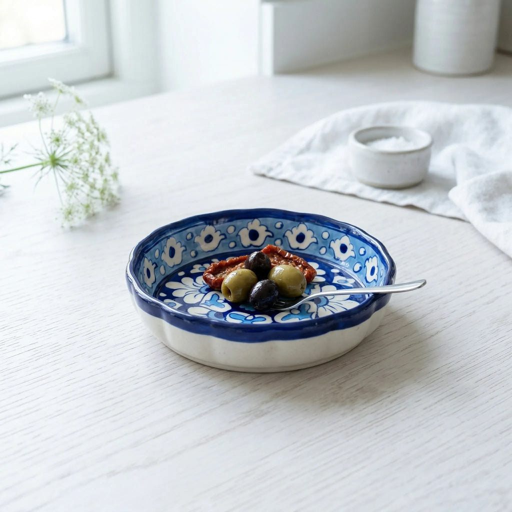Multani Blue Pottery Apple Pie Dish – Handcrafted 8 Inch Ceramic Serving Dish with Symmetrical Floral Design (2 Inch Deep)