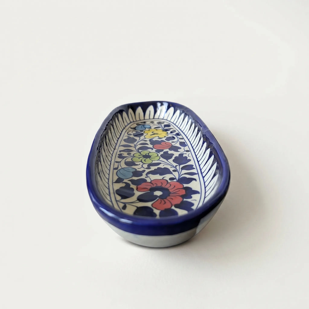 Blue Pottery Serving Tray – Long Oval Ceramic Dish (Multi-Color Floral Design)