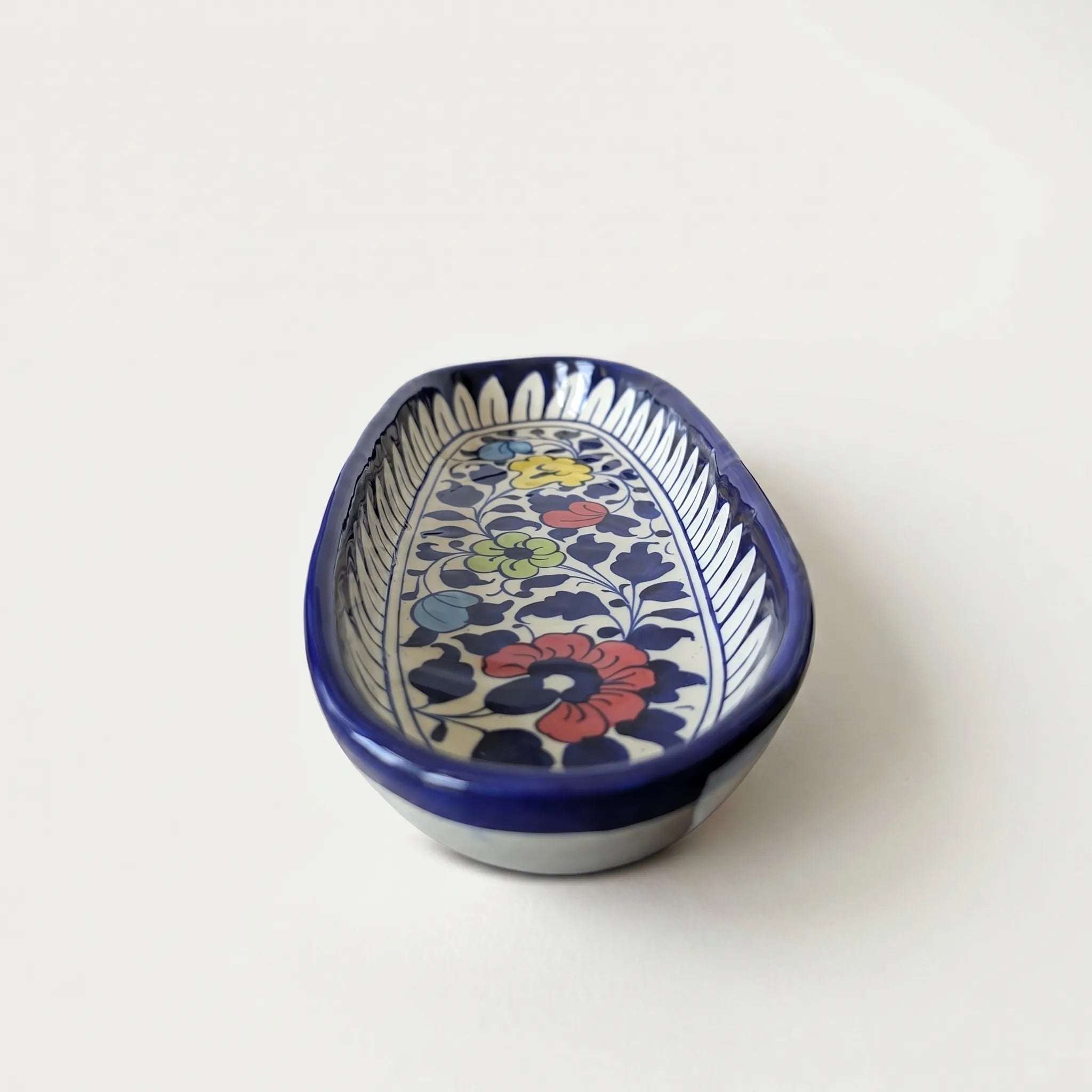 Blue Pottery Serving Tray – Long Oval Ceramic Dish (Multi-Color Floral Design)