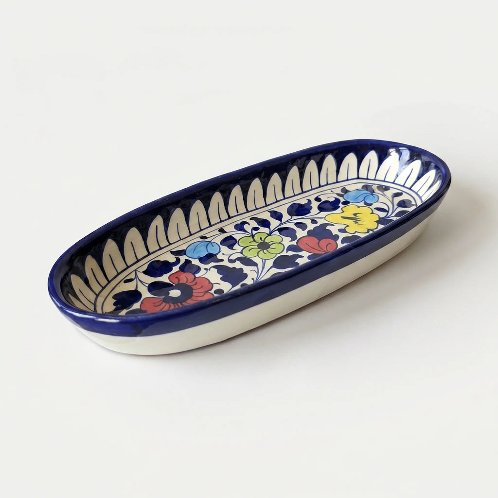 Blue Pottery Serving Tray – Long Oval Ceramic Dish (Multi-Color Floral Design)