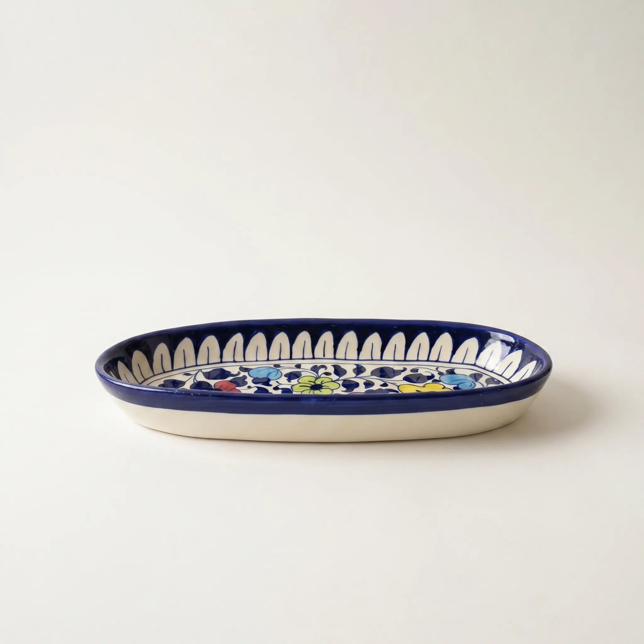 Blue Pottery Serving Tray – Long Oval Ceramic Dish (Multi-Color Floral Design)