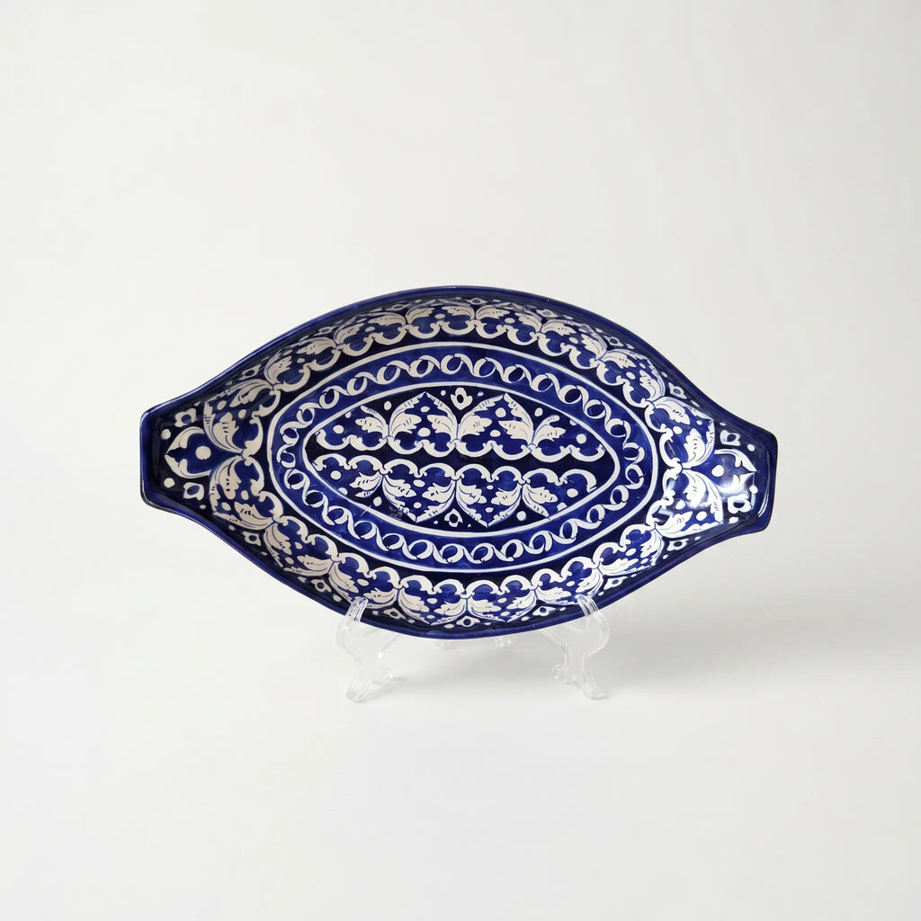 Blue Pottery Serving Dish – 16” Large Oval Ceramic Platter (Classic Floral Design)