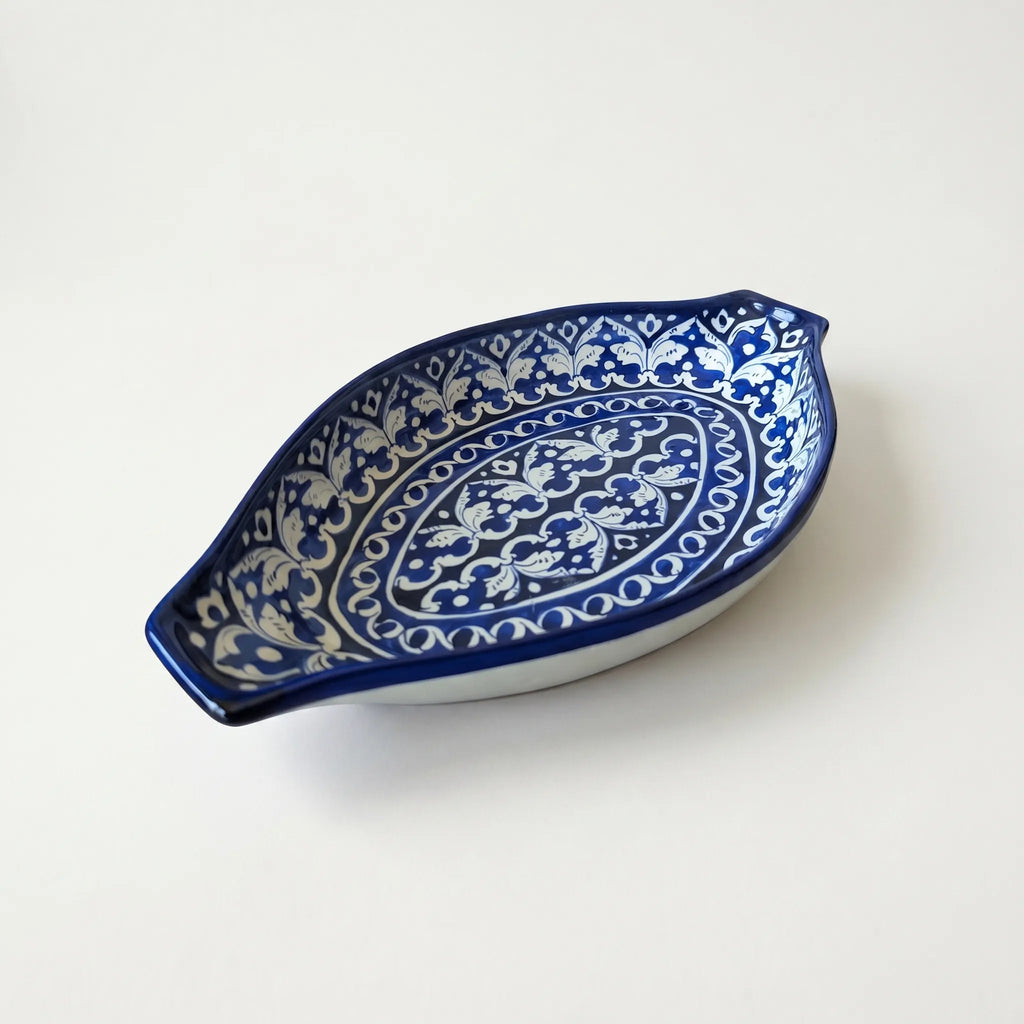 Blue Pottery Serving Dish – 16” Large Oval Ceramic Platter (Classic Floral Design)