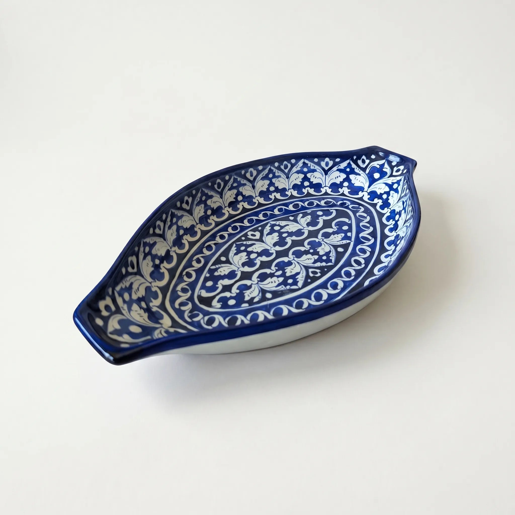 Blue Pottery Serving Dish – 16” Large Oval Ceramic Platter (Classic Floral Design)