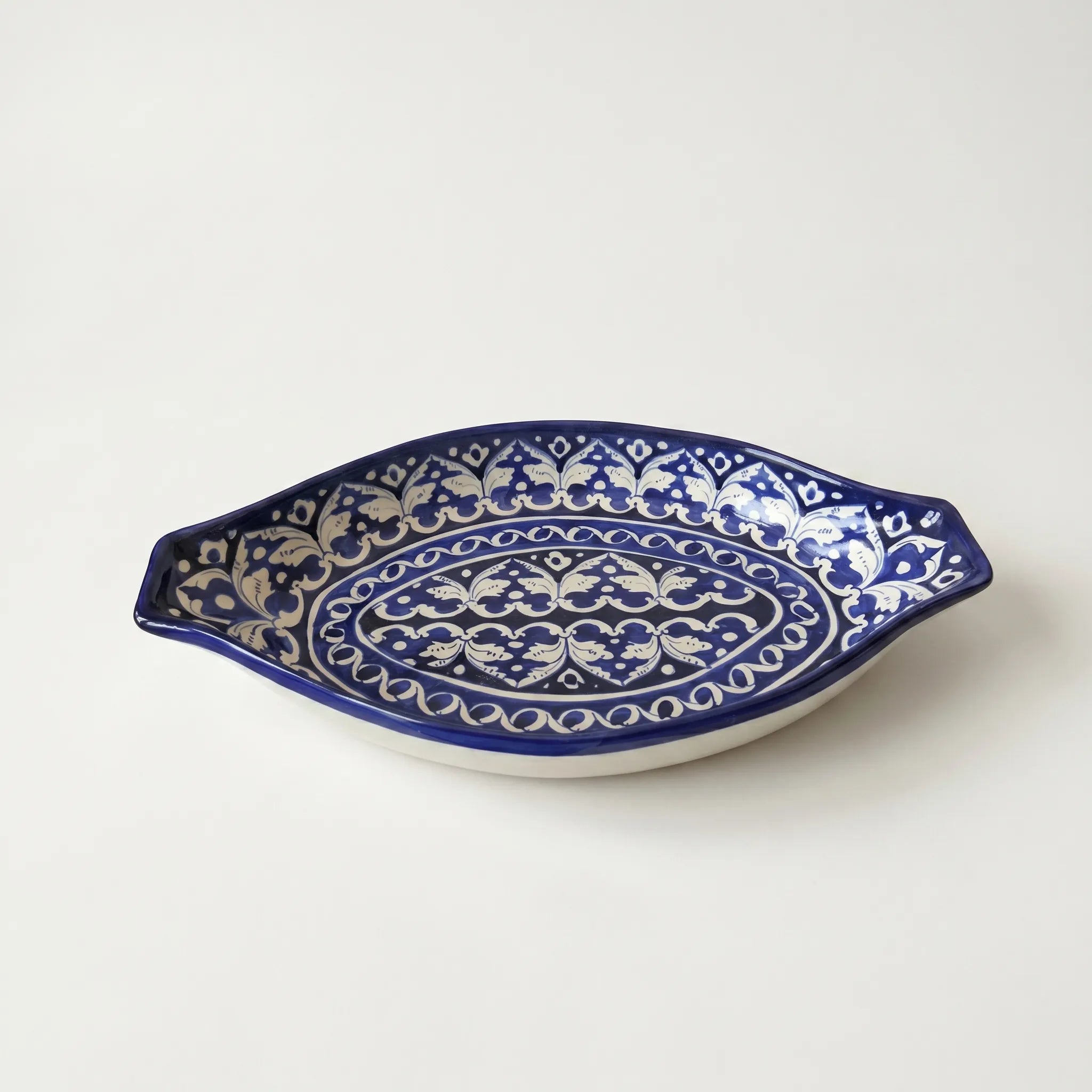 Blue Pottery Serving Dish – 16” Large Oval Ceramic Platter (Classic Floral Design)