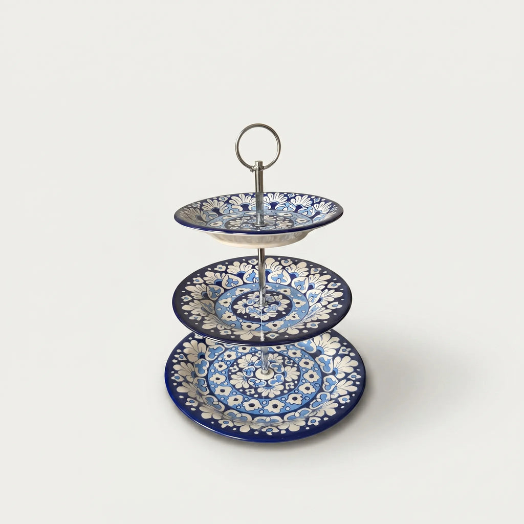 Blue Pottery 3-Tier Cake Stand – Ceramic Serving Stand for Tea & Dessert Display