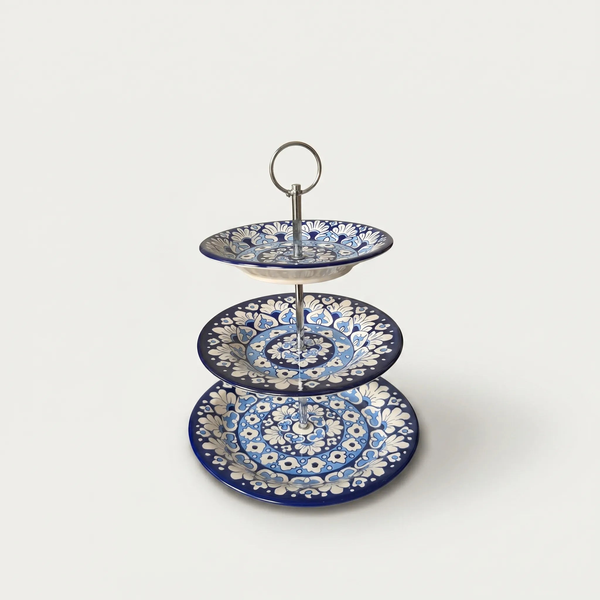 Blue Pottery 3-Tier Cake Stand – Ceramic Serving Stand for Tea & Dessert Display
