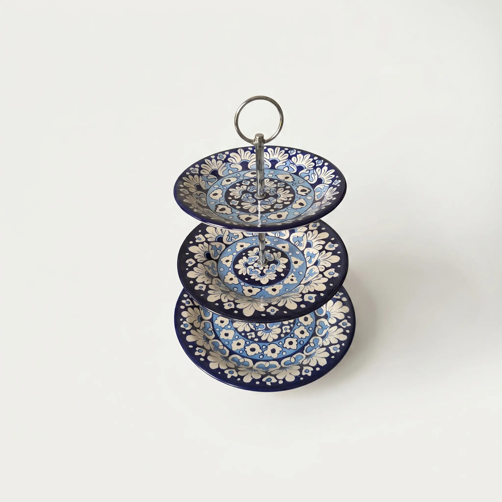 Blue Pottery 3-Tier Cake Stand – Ceramic Serving Stand for Tea & Dessert Display