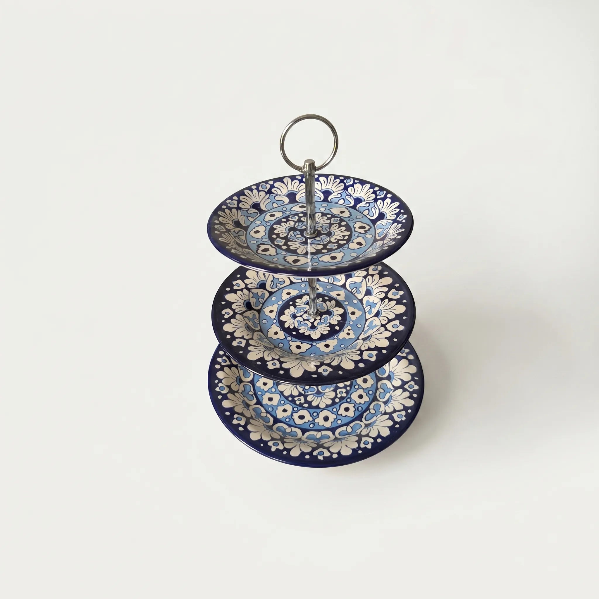Blue Pottery 3-Tier Cake Stand – Ceramic Serving Stand for Tea & Dessert Display