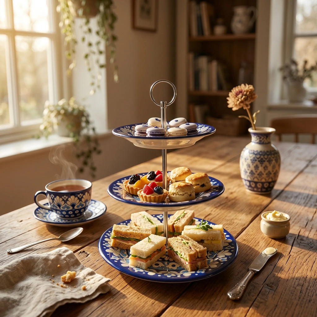 Blue Pottery 3-Tier Cake Stand – Ceramic Serving Stand for Tea & Dessert Display