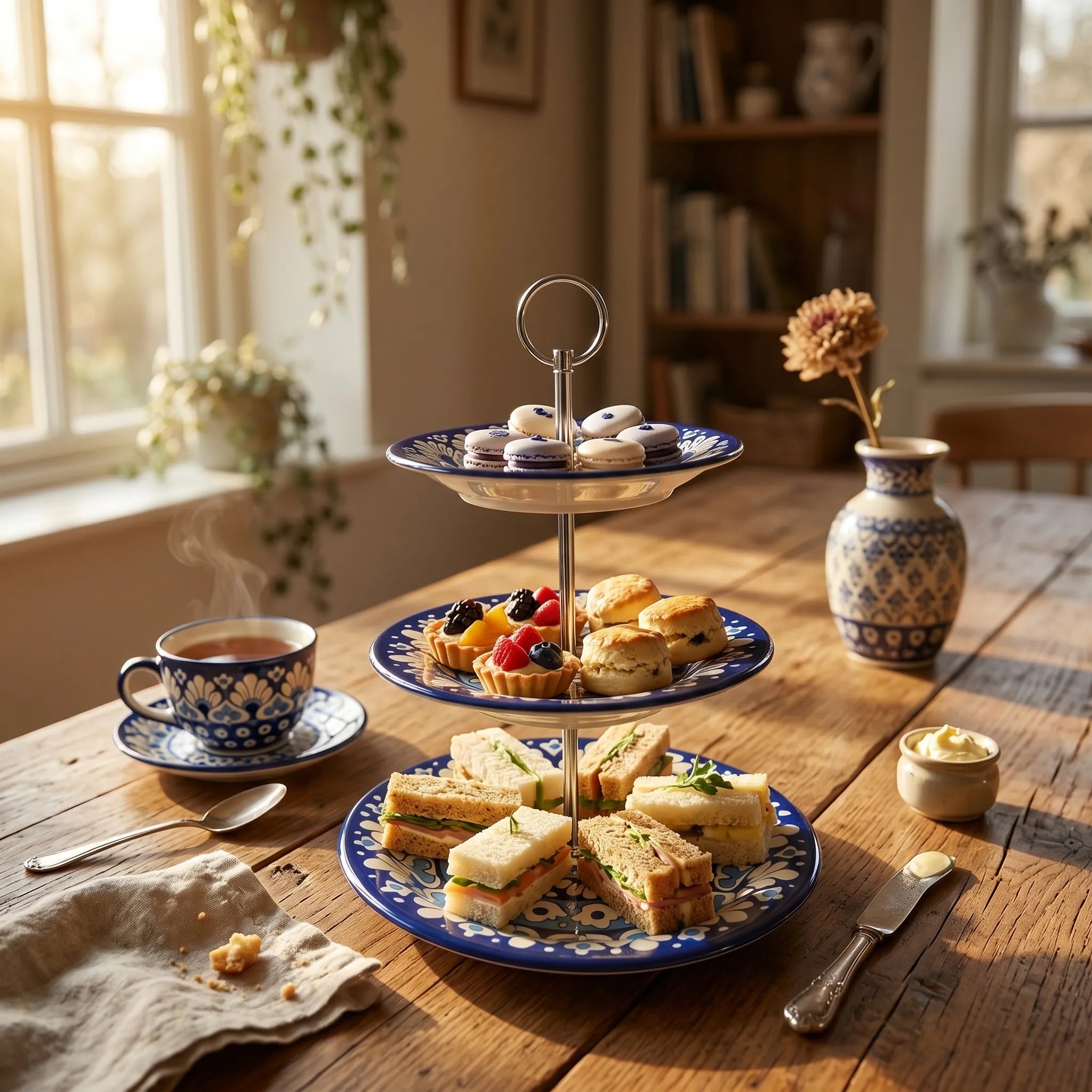 Blue Pottery 3-Tier Cake Stand – Ceramic Serving Stand for Tea & Dessert Display