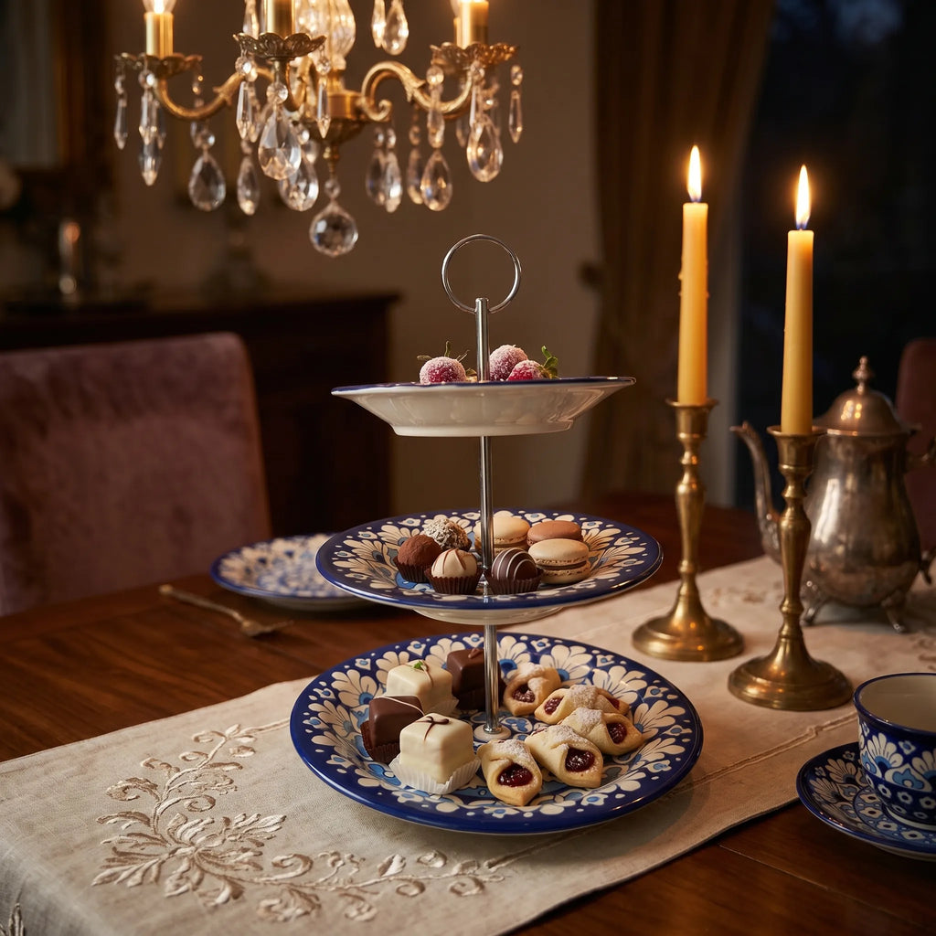 Blue Pottery 3-Tier Cake Stand – Ceramic Serving Stand for Tea & Dessert Display