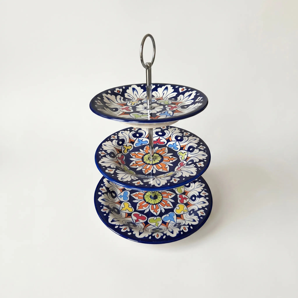 Blue Pottery 3-Tier Cake Stand – Hand-Painted Ceramic Dessert & Snack Stand (Multicolor Floral)