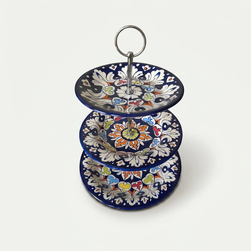 Blue Pottery 3-Tier Cake Stand – Hand-Painted Ceramic Dessert & Snack Stand (Multicolor Floral)