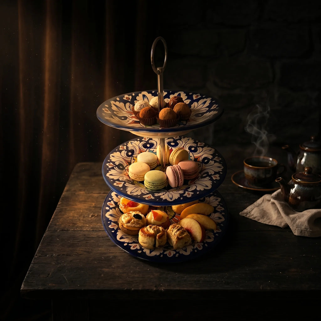 Blue Pottery 3-Tier Cake Stand – Hand-Painted Ceramic Dessert & Snack Stand (Multicolor Floral)
