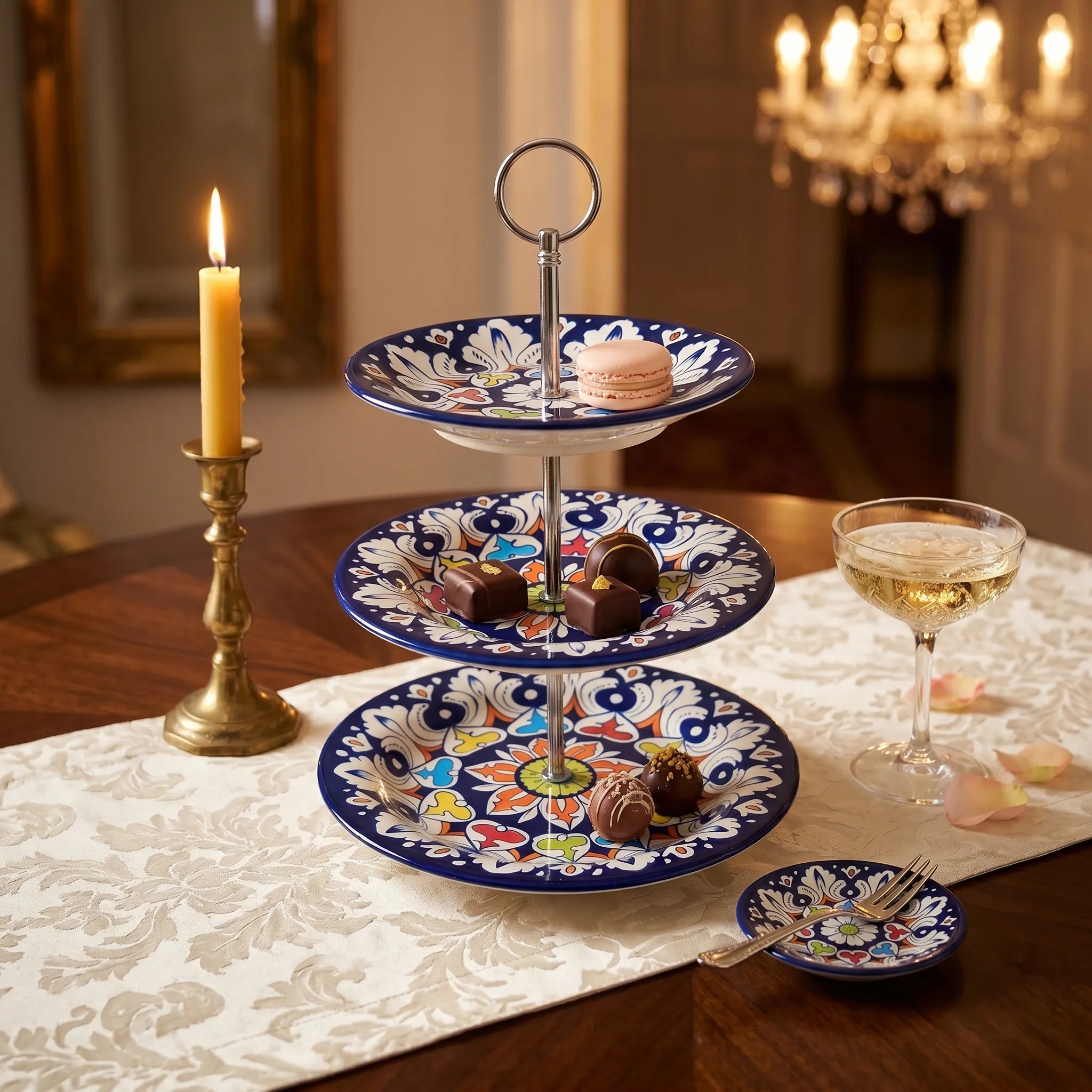 Blue Pottery 3-Tier Cake Stand – Hand-Painted Ceramic Dessert & Snack Stand (Multicolor Floral)