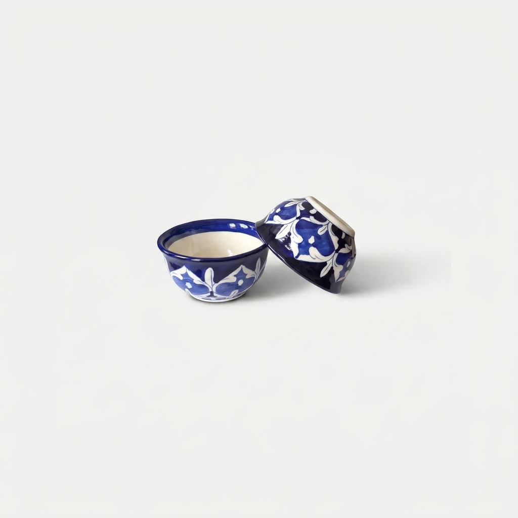 Blue Pottery Dessert Bowls Set of 6 – 5-inch-wide Ceramic Sweet Bowls Floral Design