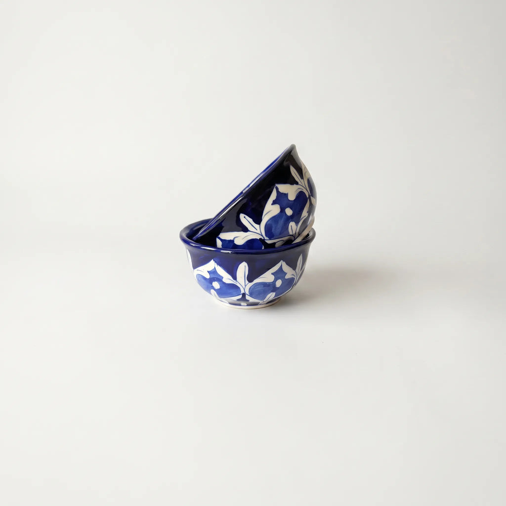 Blue Pottery Dessert Bowls Set of 6 – 5-inch-wide Ceramic Sweet Bowls Floral Design