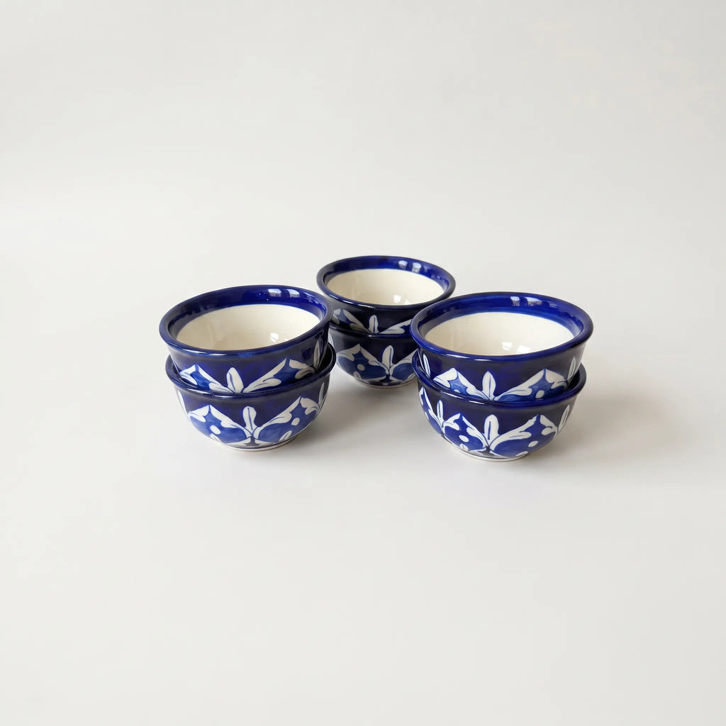 Blue Pottery Dessert Bowls Set of 6 – 5-inch-wide Ceramic Sweet Bowls Floral Design