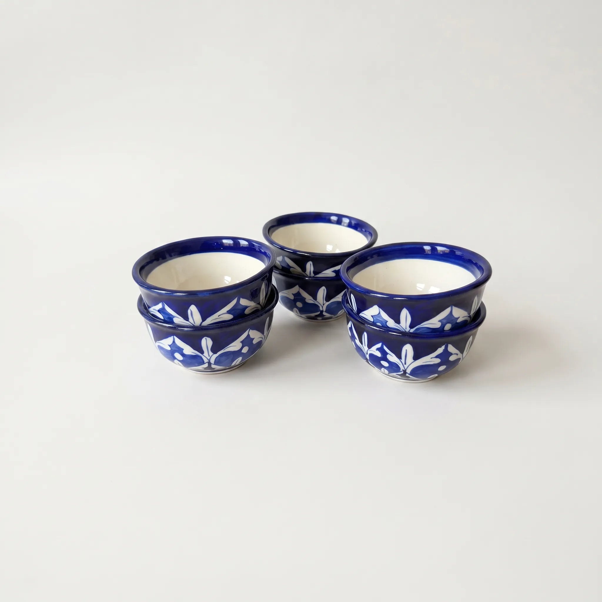 Blue Pottery Dessert Bowls Set of 6 – 5-inch-wide Ceramic Sweet Bowls Floral Design