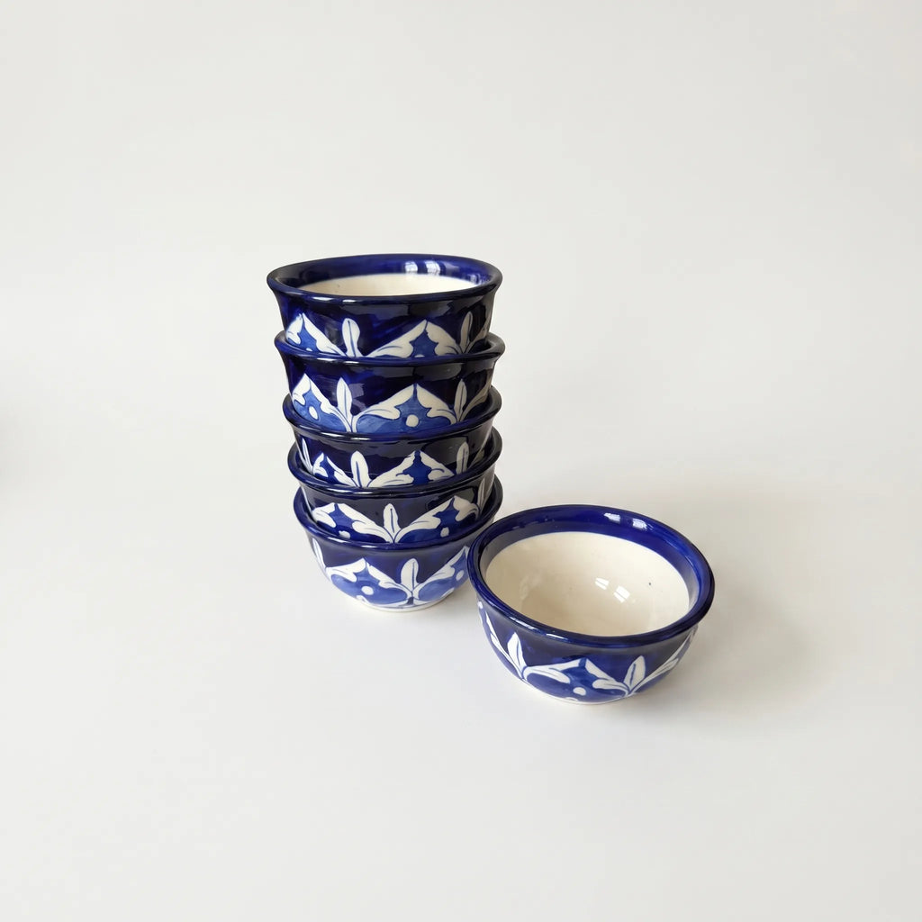 Blue Pottery Dessert Bowls Set of 6 – 5-inch-wide Ceramic Sweet Bowls Floral Design