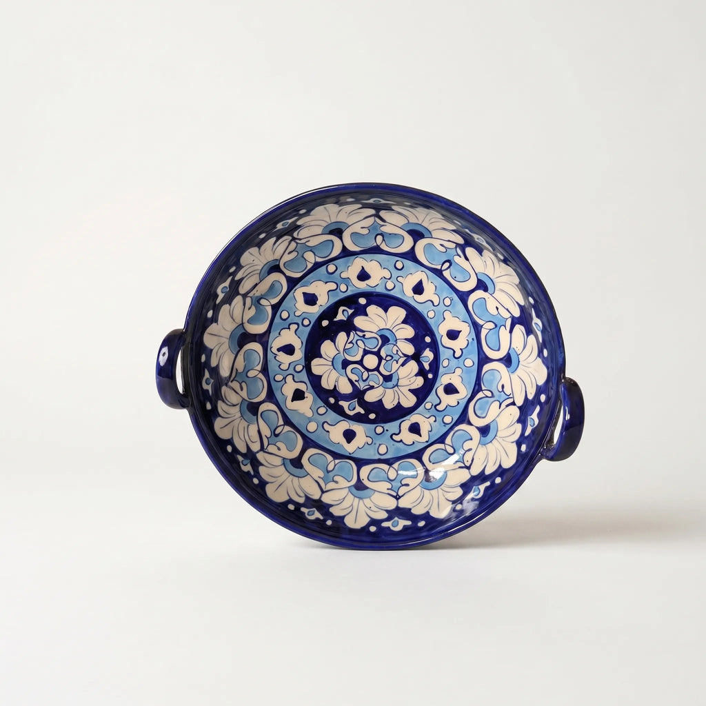 Blue Pottery Karahi Serving Pot – 9” Ceramic Bowl with Sky Blue Floral Pattern