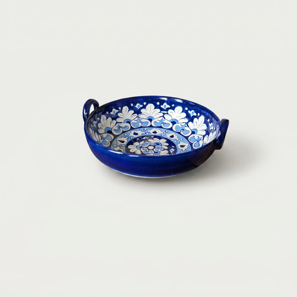 Blue Pottery Karahi Serving Pot – 9” Ceramic Bowl with Sky Blue Floral Pattern