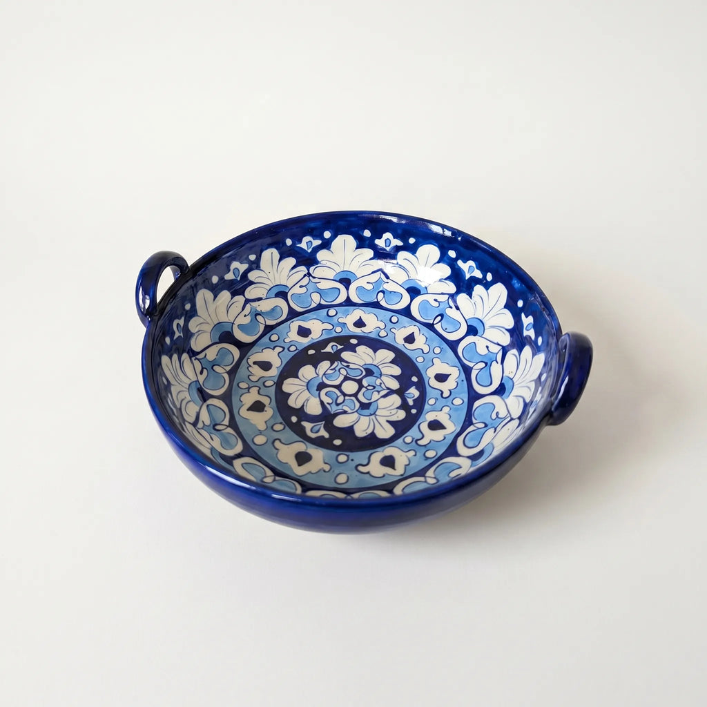 Blue Pottery Karahi Serving Pot – 9” Ceramic Bowl with Sky Blue Floral Pattern