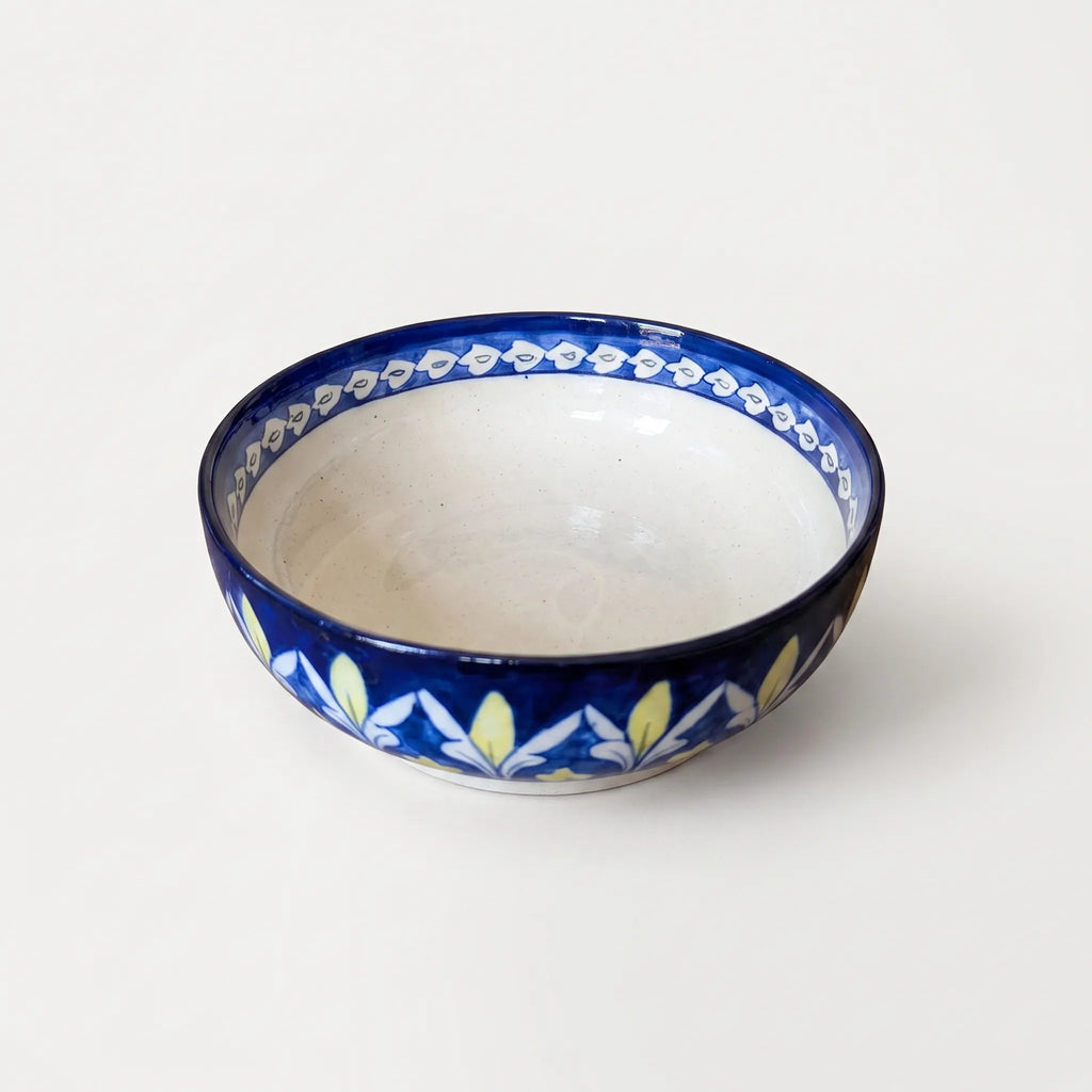 Blue Pottery Sweet Bowl - Fan-Leaf & Petal Border, 9 Inch