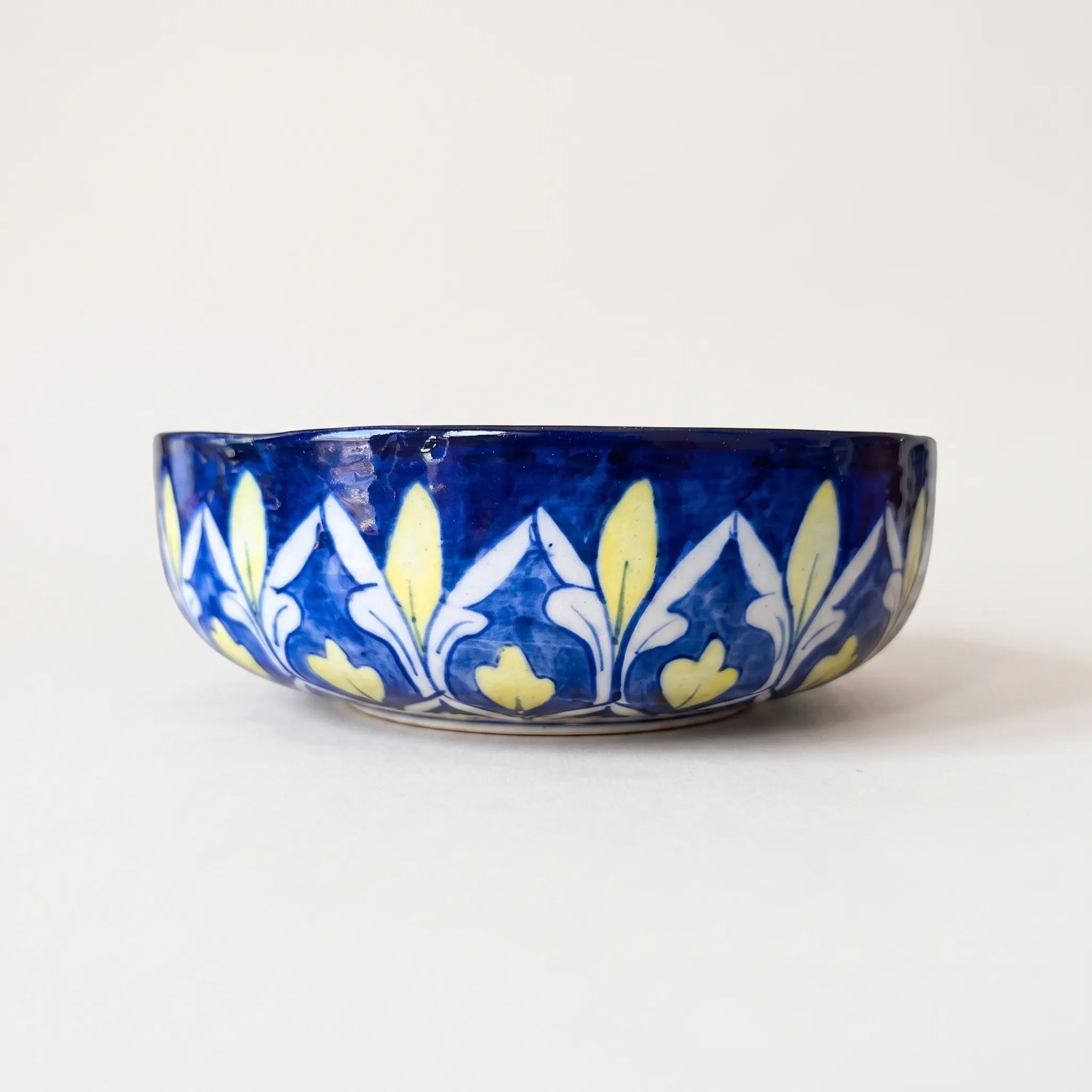 Blue Pottery Sweet Bowl - Fan-Leaf & Petal Border, 9 Inch