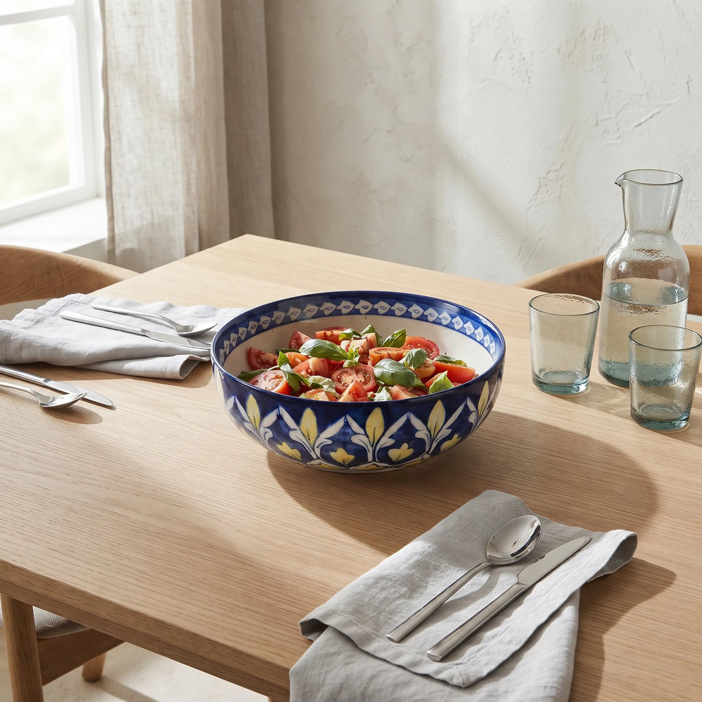 Blue Pottery Sweet Bowl - Fan-Leaf & Petal Border, 9 Inch