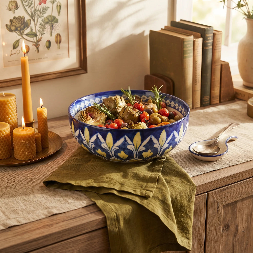 Blue Pottery Sweet Bowl - Fan-Leaf & Petal Border, 9 Inch