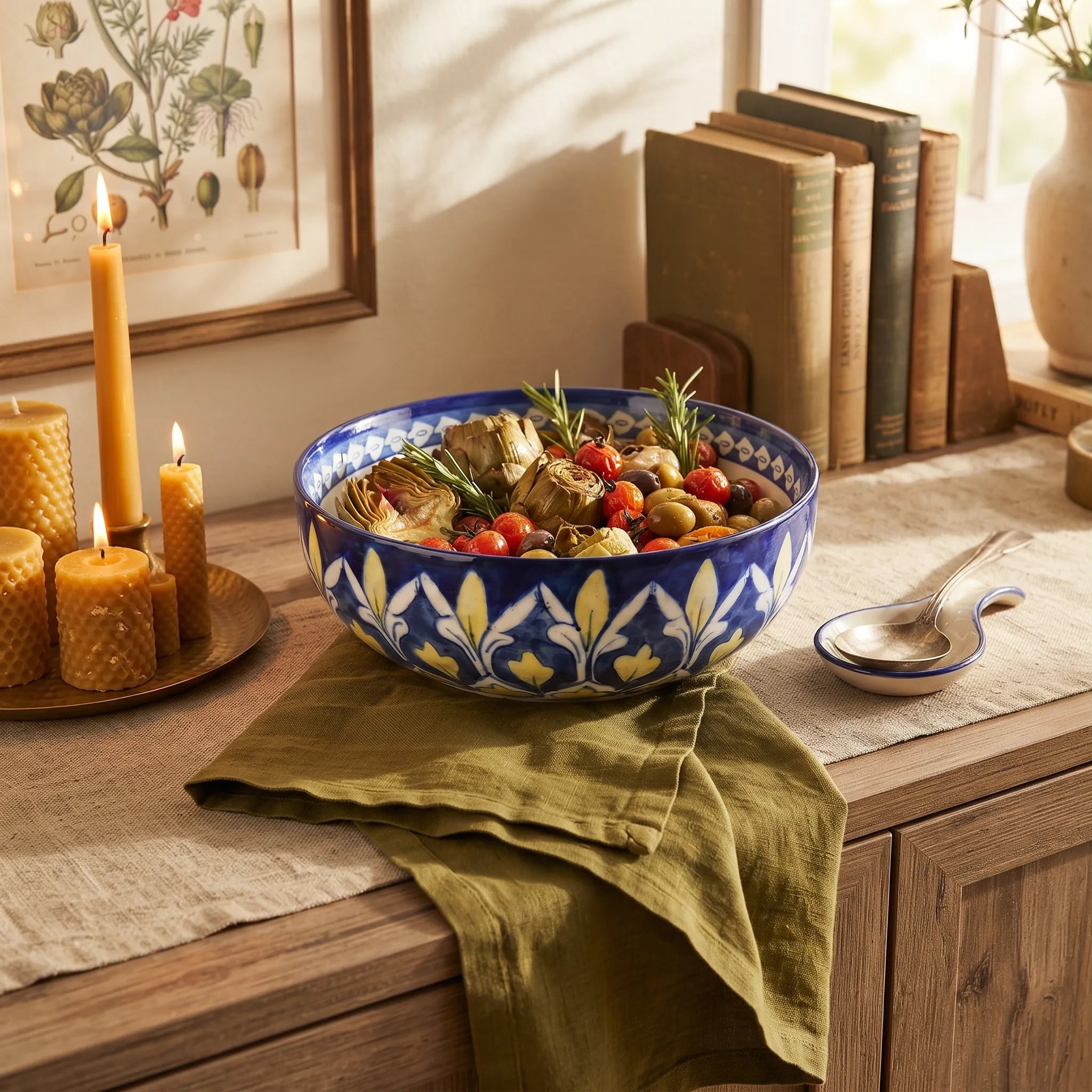 Blue Pottery Sweet Bowl - Fan-Leaf & Petal Border, 9 Inch