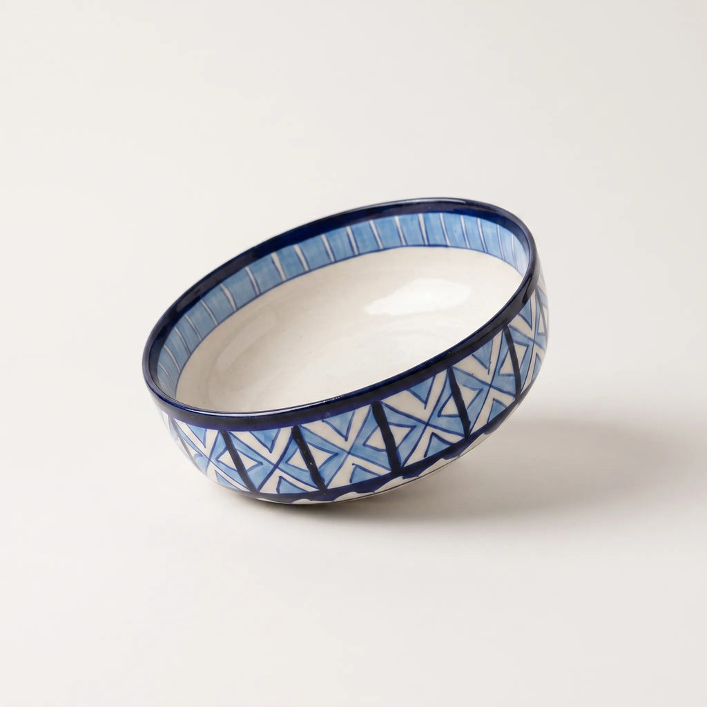 Blue Pottery Sweet Bowl - Geometric X-Lattice Design, 9 Inch