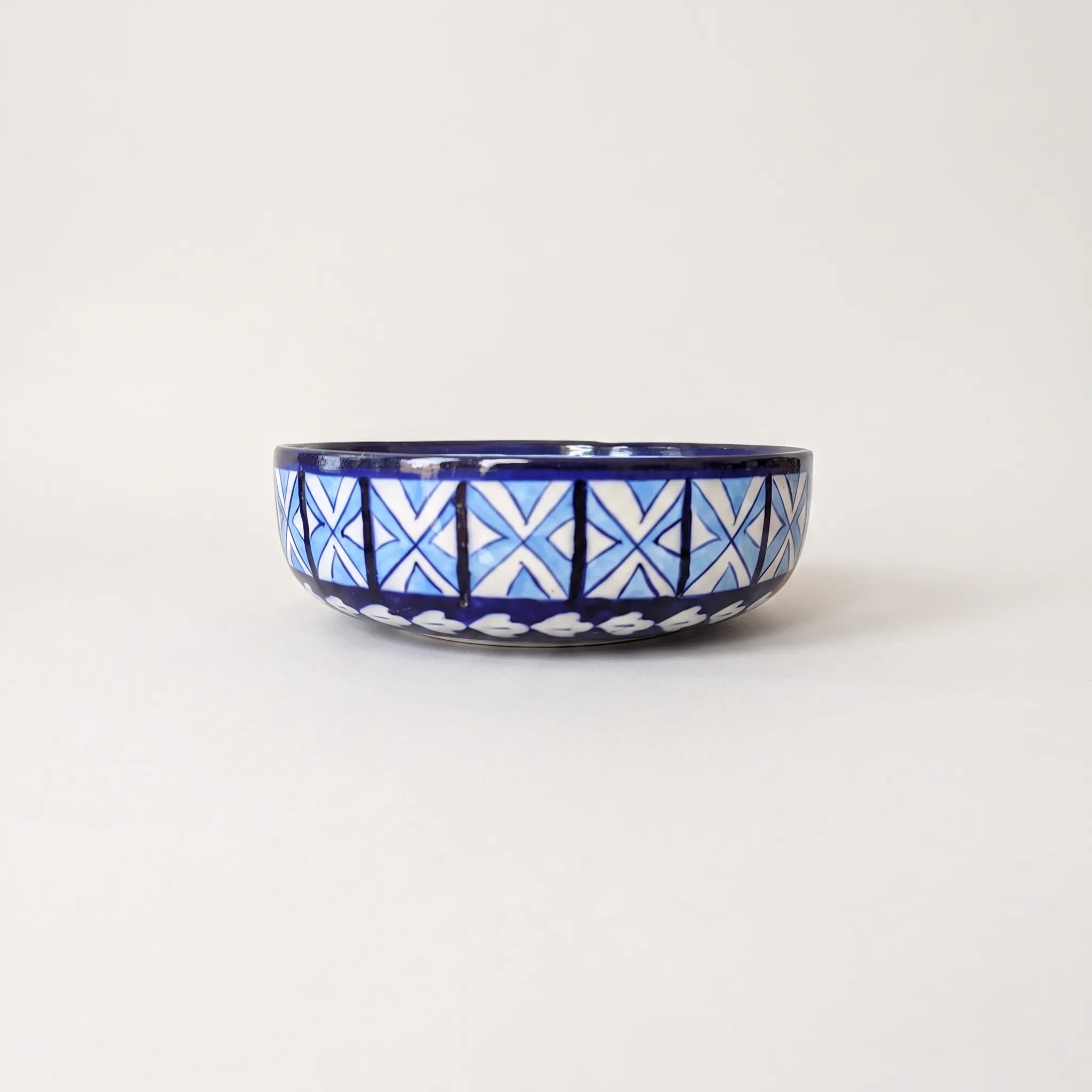 Blue Pottery Sweet Bowl - Geometric X-Lattice Design, 9 Inch