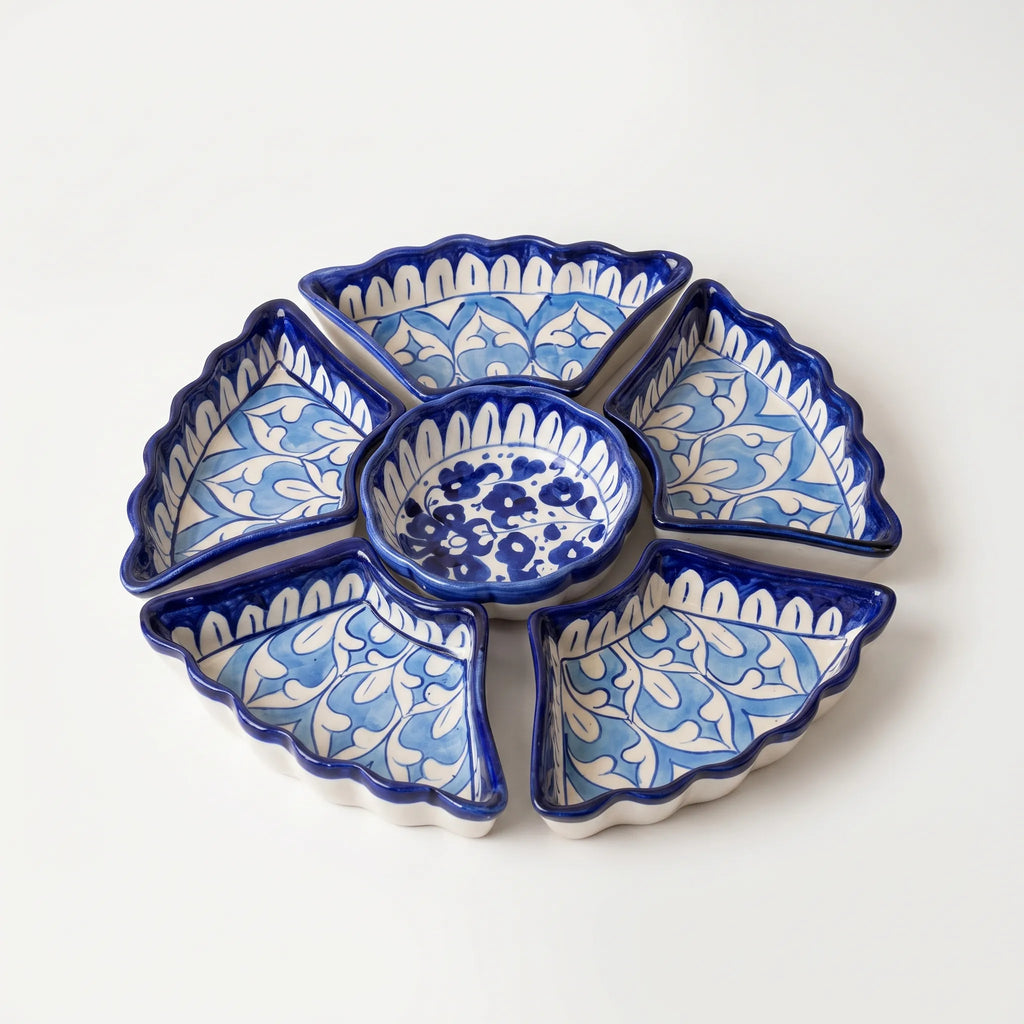 Blue Pottery Ceramic Dry Fruit Serving Set - Scalloped Leaf Design, 12 Inch