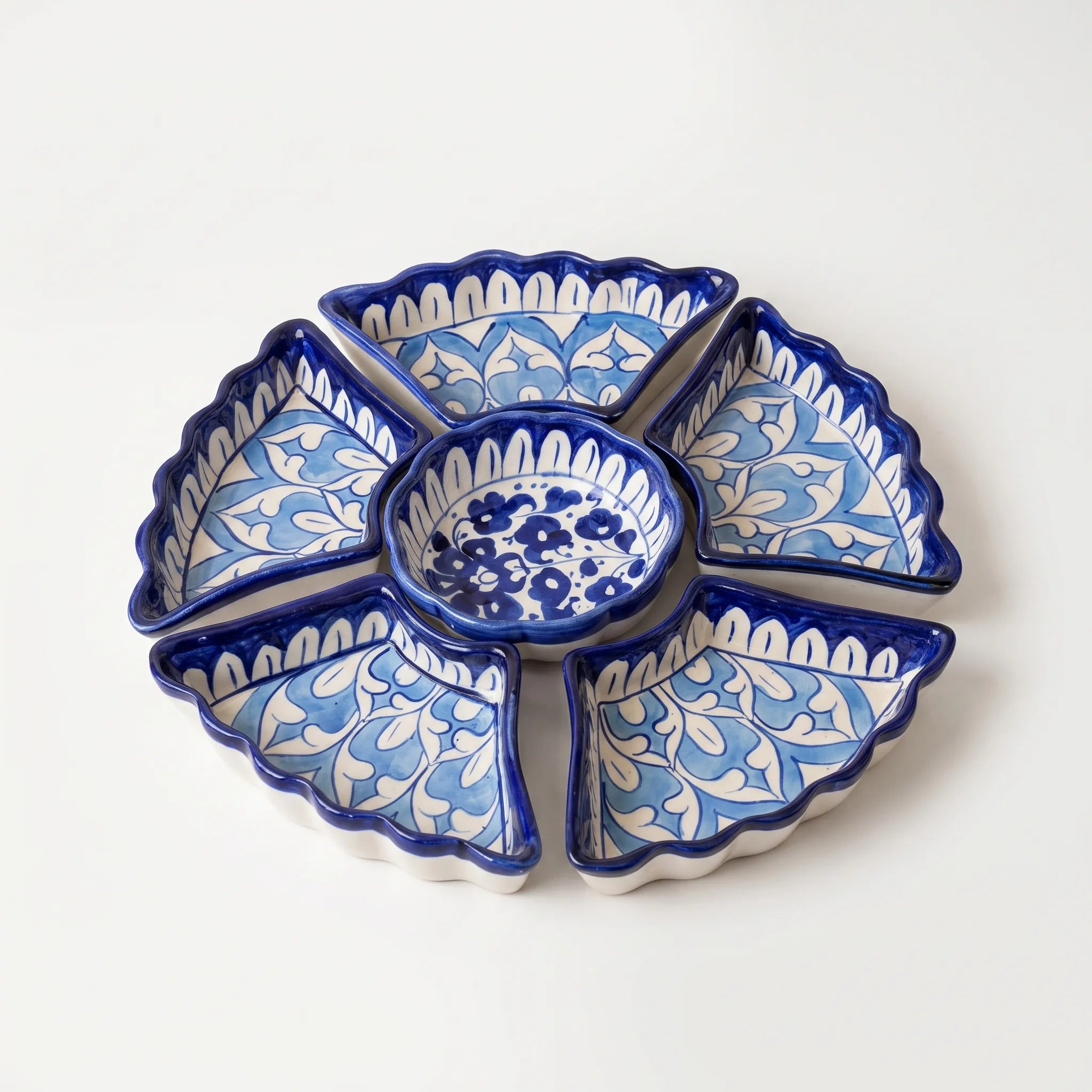 Blue Pottery Ceramic Dry Fruit Serving Set - Scalloped Leaf Design, 12 Inch