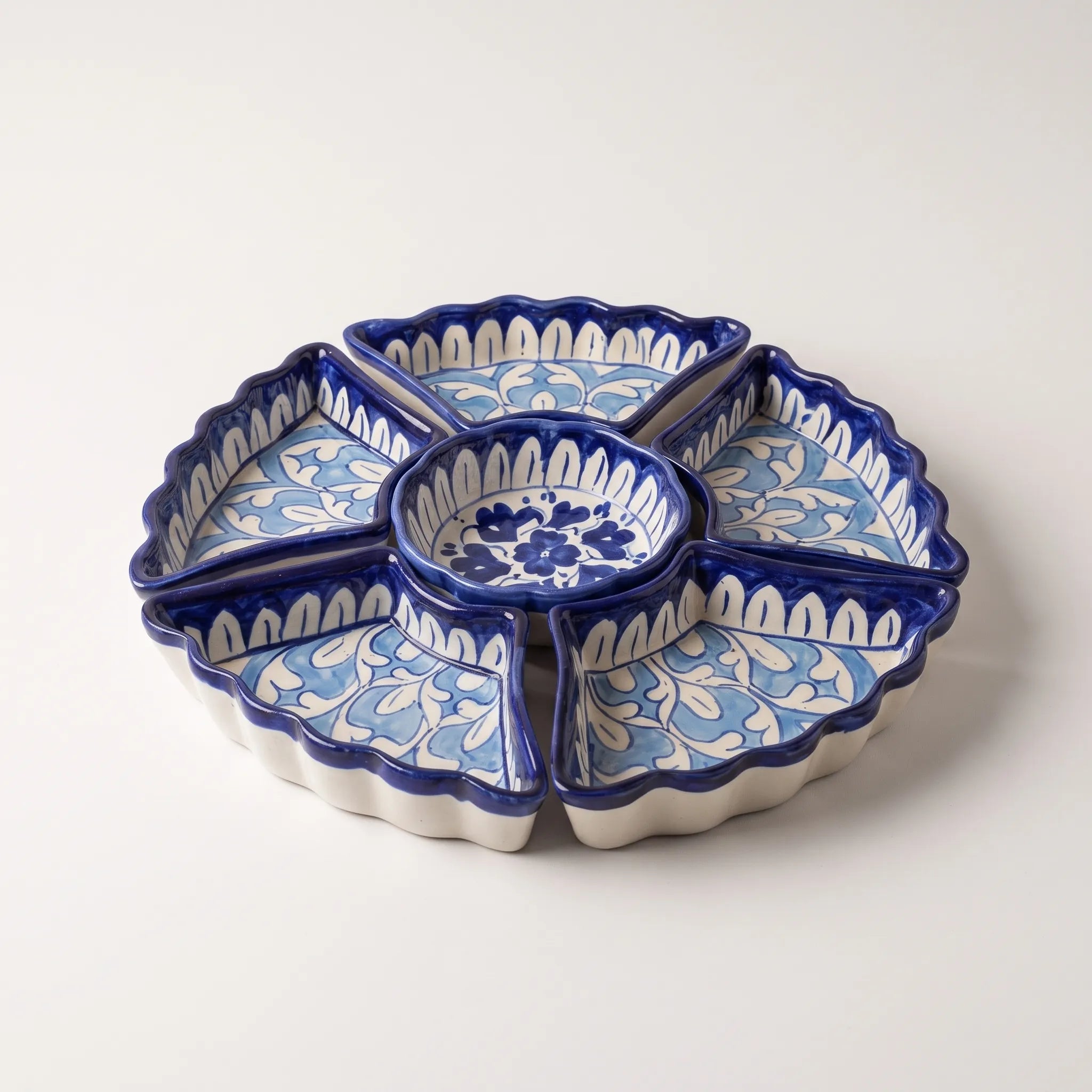 Blue Pottery Ceramic Dry Fruit Serving Set - Scalloped Leaf Design, 12 Inch