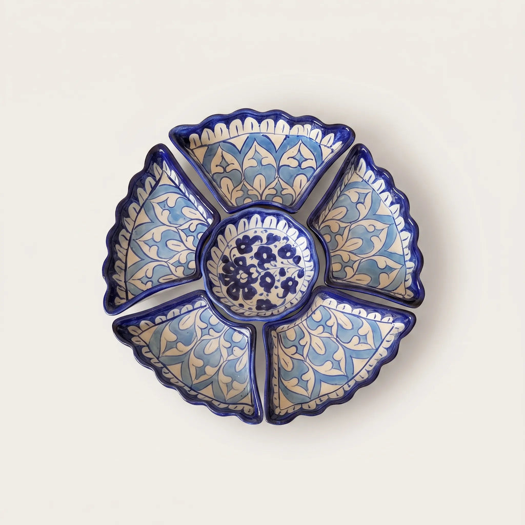 Blue Pottery Ceramic Dry Fruit Serving Set - Scalloped Leaf Design, 12 Inch