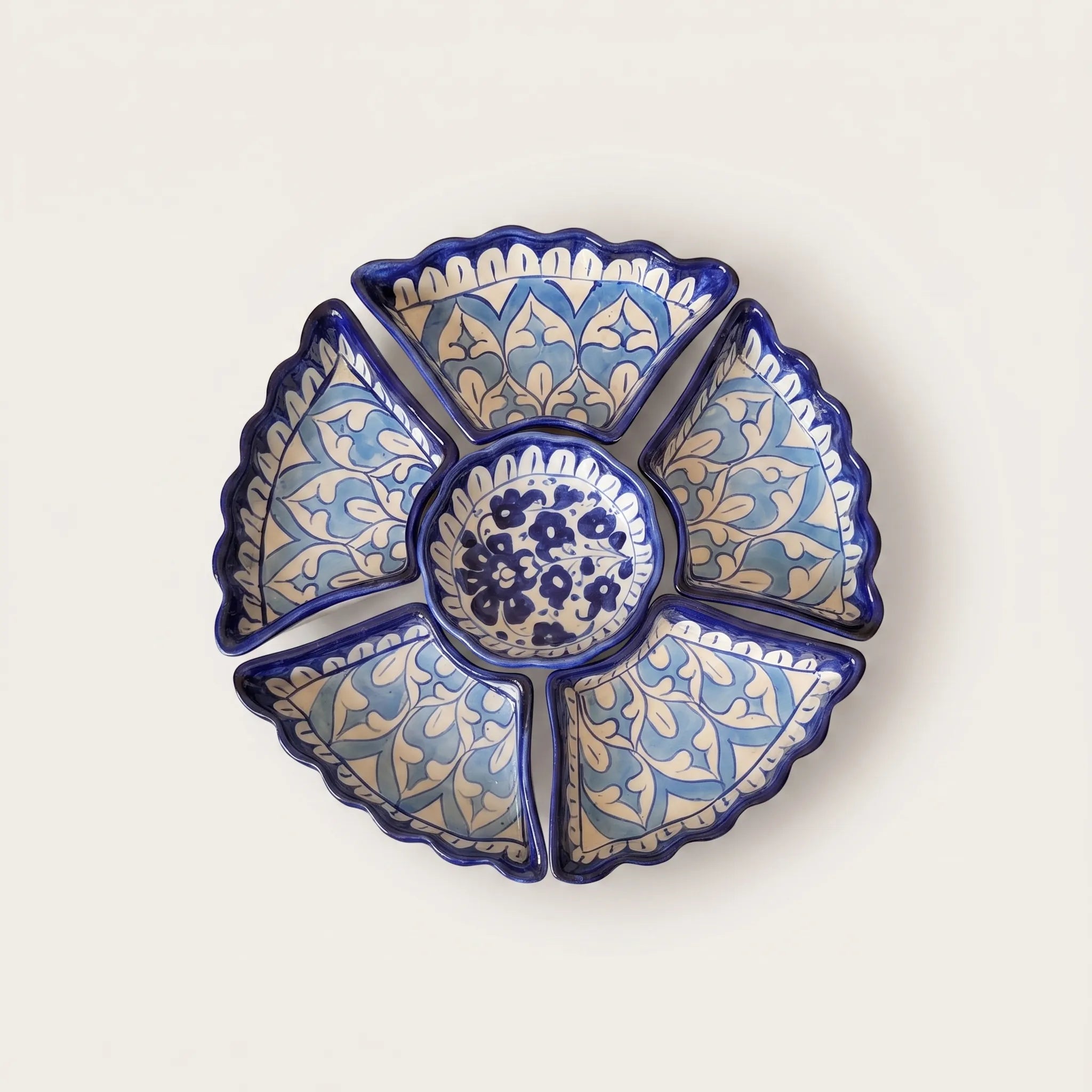 Blue Pottery Ceramic Dry Fruit Serving Set - Scalloped Leaf Design, 12 Inch