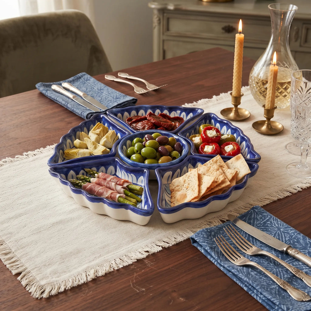 Blue Pottery Ceramic Dry Fruit Serving Set - Scalloped Leaf Design, 12 Inch