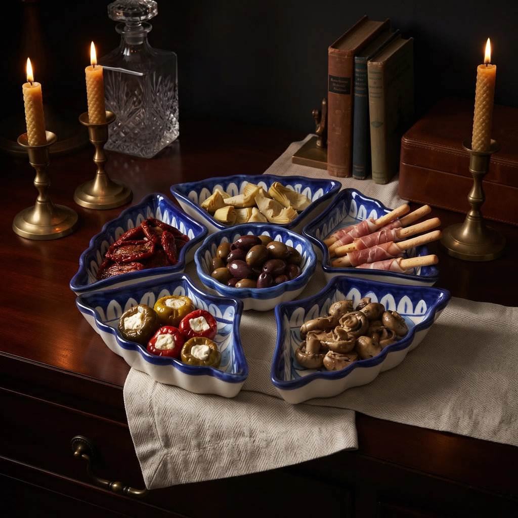 Blue Pottery Ceramic Dry Fruit Serving Set - Scalloped Leaf Design, 12 Inch