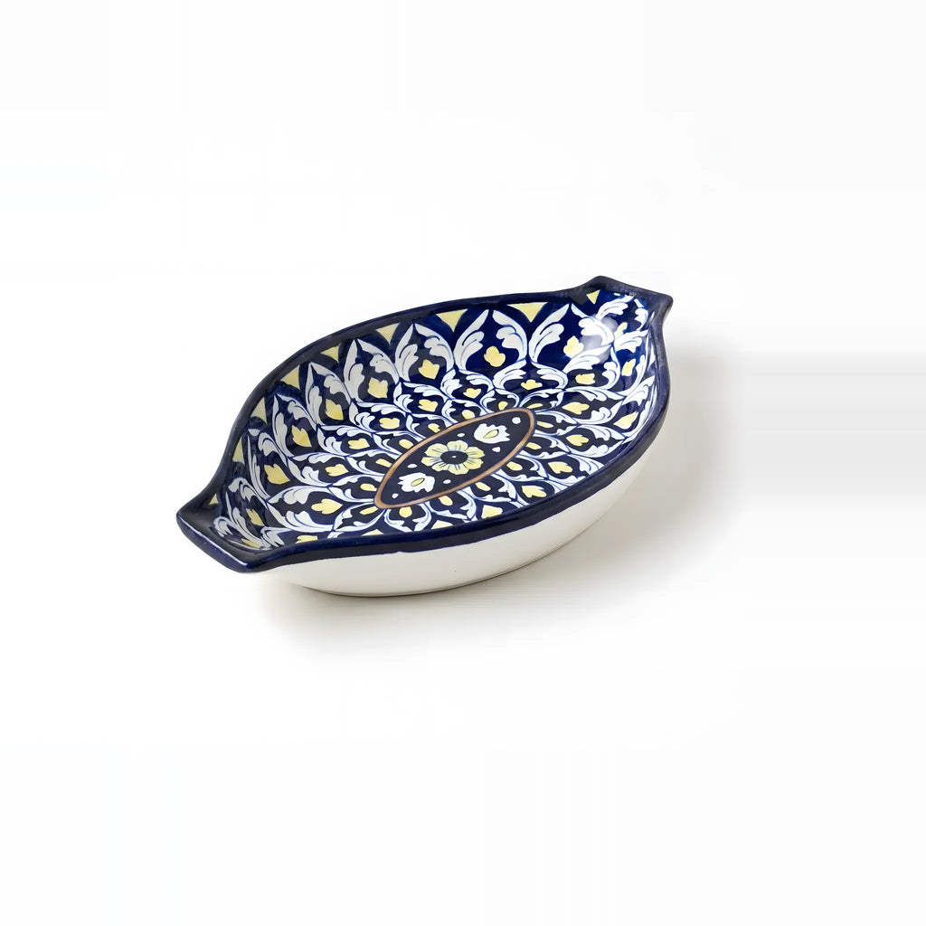 Blue Pottery Serving Dish – 16" Ceramic Rice Platter (Radiating Floral Medallion Design)